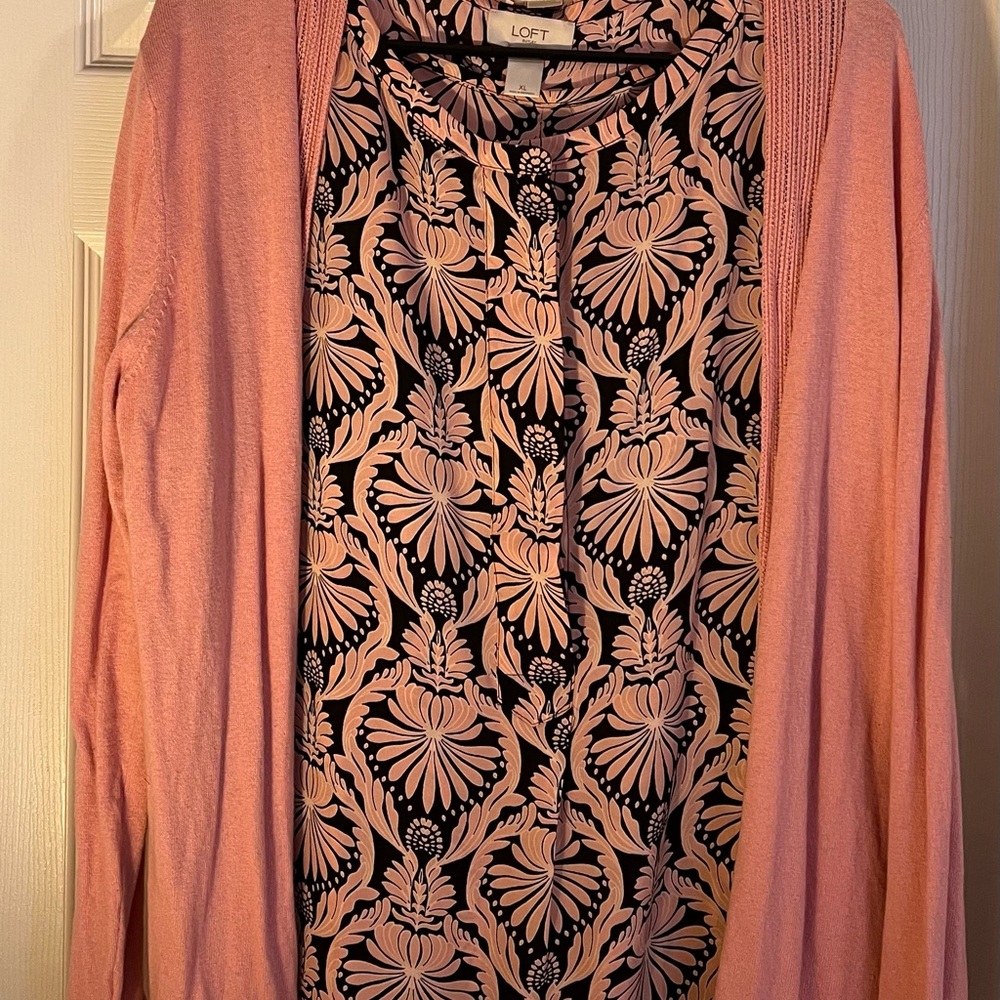 Cardigan with silk tank top. Cardigan is size L, tank is xl. No stains or rips.